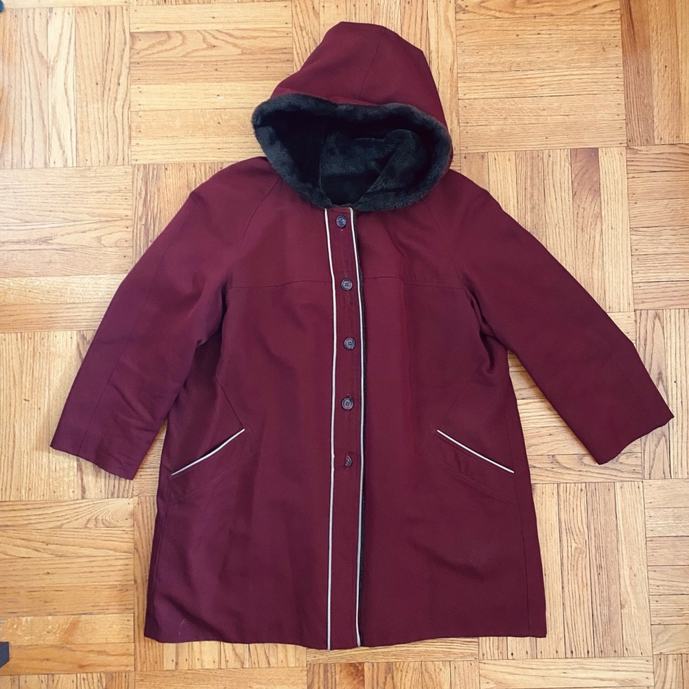 Women's ILGWU Vintage Burgundy Hooded Faux Fur Coat